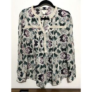 Maeve Lace-Trim Butterfly Print Blouse - White/Green/Purple